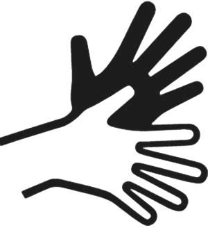Logo Deutsche Gebärdensprache, zwei gezeichnete Hände im comic Stil, eine schwarz, die andere weiß